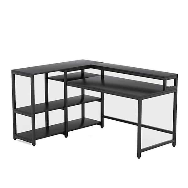 BYBLIGHT Lanita 55 in. L-shaped Reversible Black Computer Desk with Shelves and Monitor Stand
