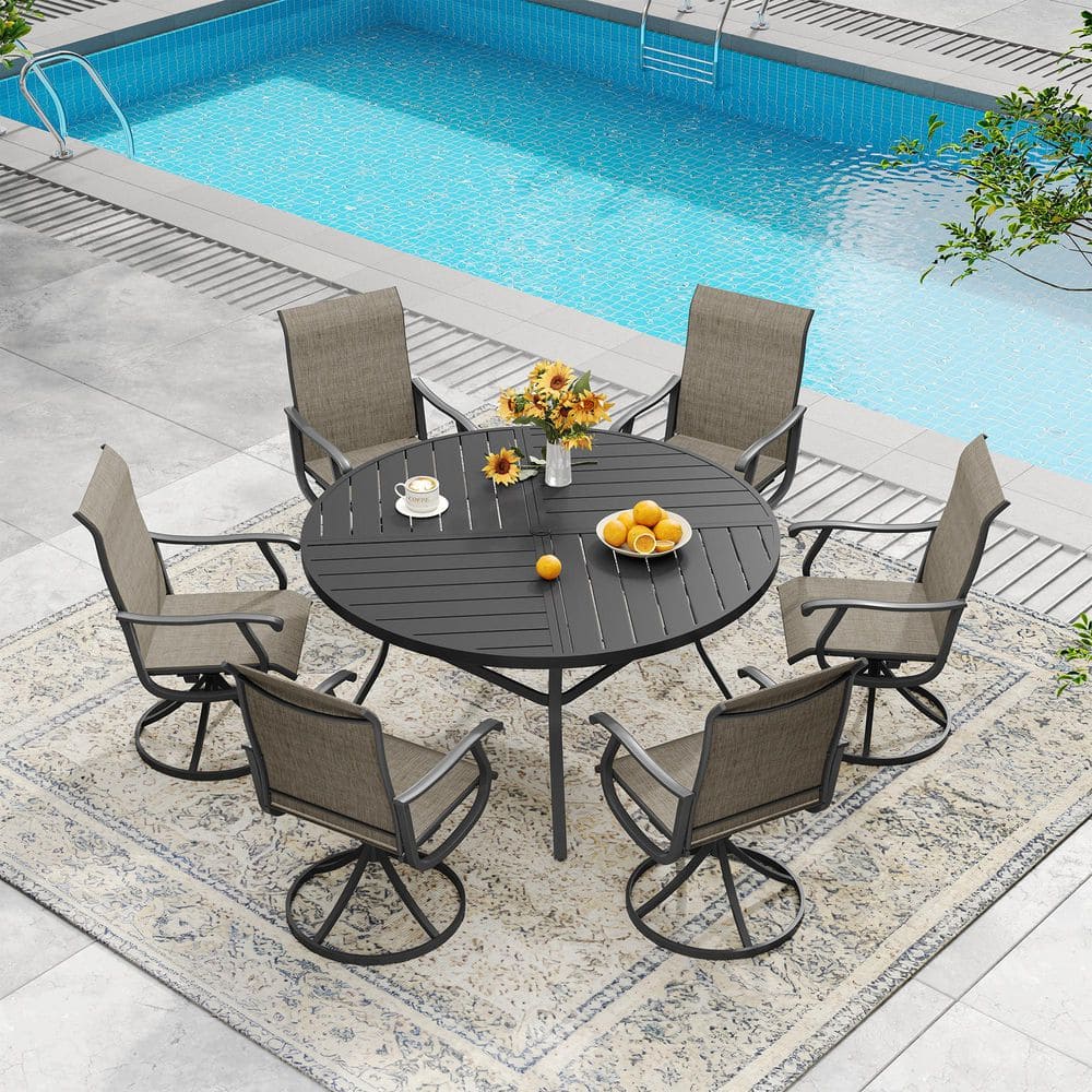 All Weather 7-Piece Metal Outdoor Patio Dining Set with 53.1 in. Black Round Table and 6 Brown Swivel Dining Chairs price history on PriceWatchPro