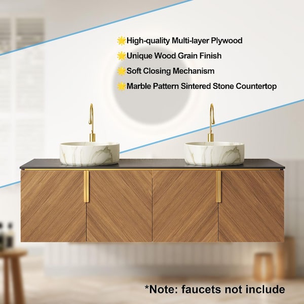Yingze 60 in. Wall-Mounted Double Sink Brown Oak Bath Vanity with