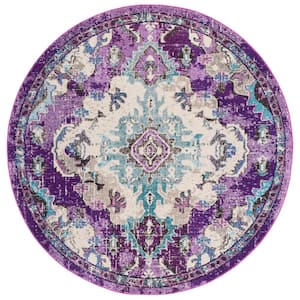 Madison Lavender/Light Blue 7 ft. x 7 ft. Border Floral Oriental Round Area Rug