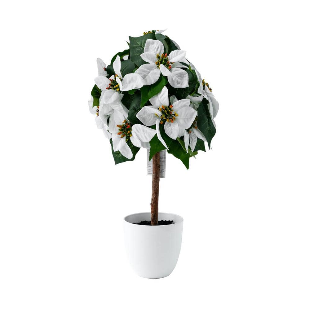 Botaneeka, 21. 65 in. White Poinsettia Tree Table Top Arrangement in White 