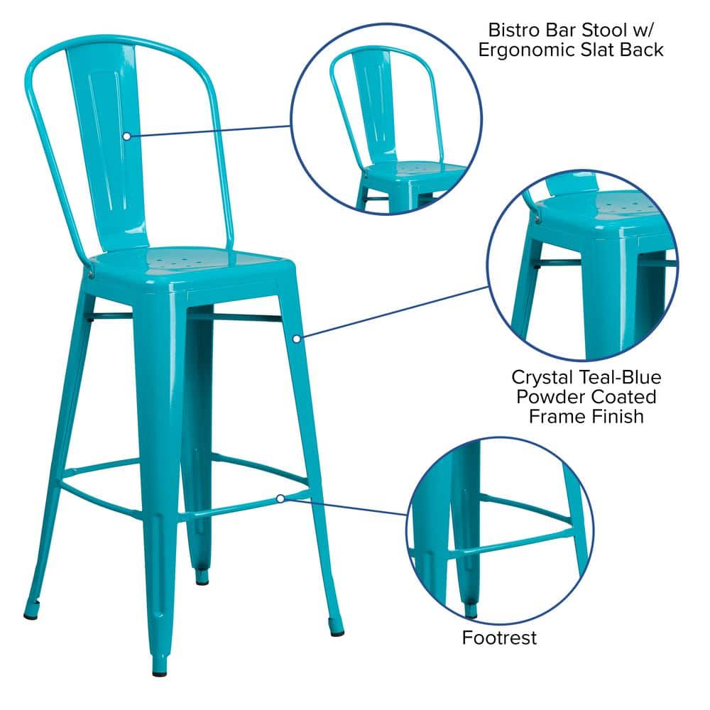 Crystal Teal-Blue Metal Indoor-Outdoor Barstool with Back