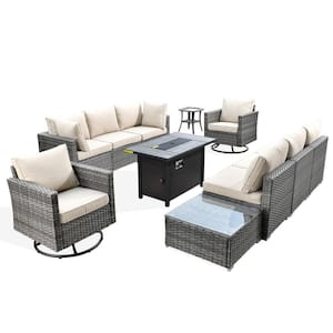 Messi Gray 11-Piece Wicker Outdoor Patio Conversation Sectional Sofa Fire Pit Set with Swivel Chairs and Beige Cushions