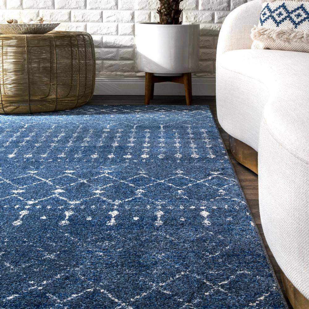 Dark Blue Trellis Synthetic Reversible Runner Rug