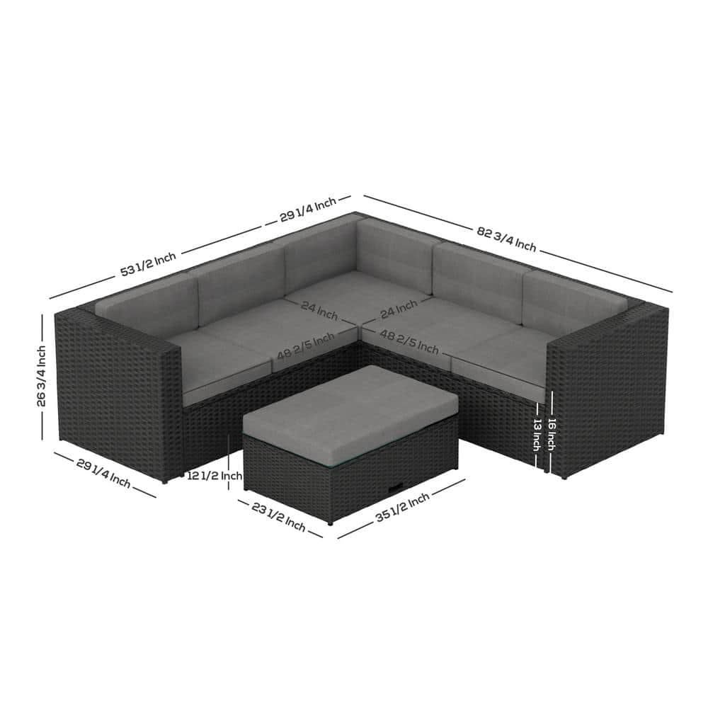 Kaison 6-Person Black and Gray Steel Outdoor Sectional Set with Storage Ottoman