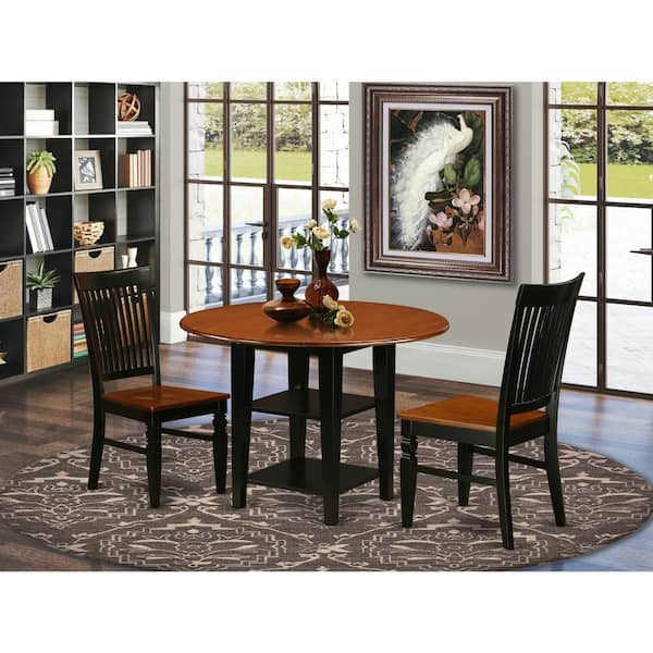 East West Furniture 3-Piece Black and Cherry Finish Round Solid Wood Top Dining Table Set