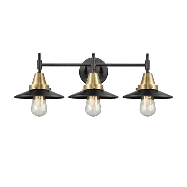 Railroad 26 in. 3-Light Black Antique Brass, Matte Black Vanity Light with Black Metal Shade