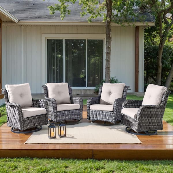 Arcline 4-Piece Gray Swivel Glider Wicker Outdoor Rocking Chair with Beige Cushions and rest