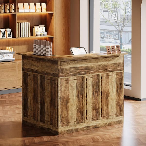 Lanita 51.2 in. L-Shaped Brown Wood Reception Desk with Storage Shelves, Modern Front Desk Reception Counter Table
