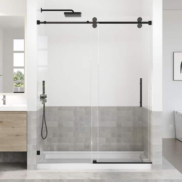 56-60 in. W x 76 in. H Sliding Frameless Shower Door in Black Finish with 5/16 in. (8 mm) Tempered Glass