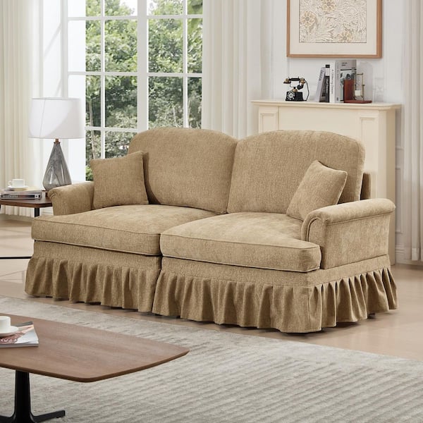 Jacob 76.4 in. Flared Arms Chenille Rectangle Sectional Sofa in Brown, Removable Ruffles Pleats Skirts, Light Coffee