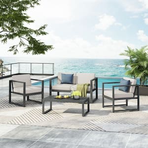 Nova Modern 4-Piece Aluminum Outdoor Patio Conversation Set with Beige Cushions, Black