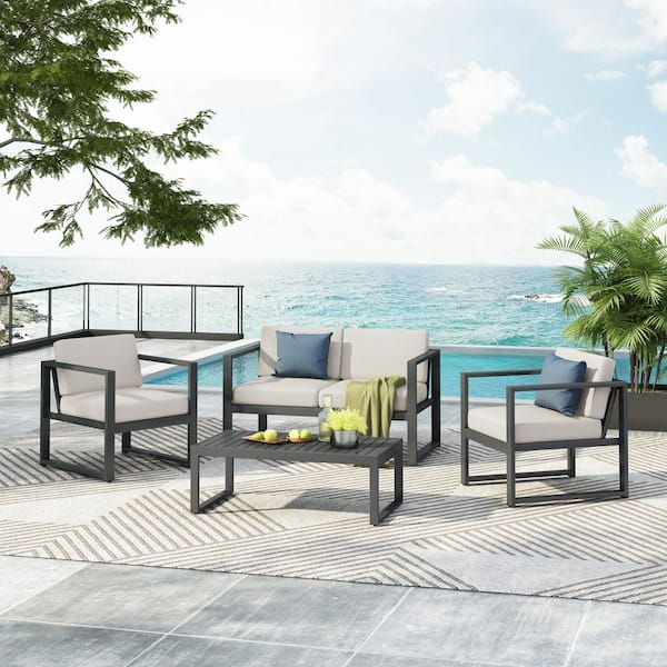 CHRISTOPHER KNIGHT HOME Nova Modern 4-Piece Aluminum Outdoor Patio Conversation Set with Beige Cushions, Black