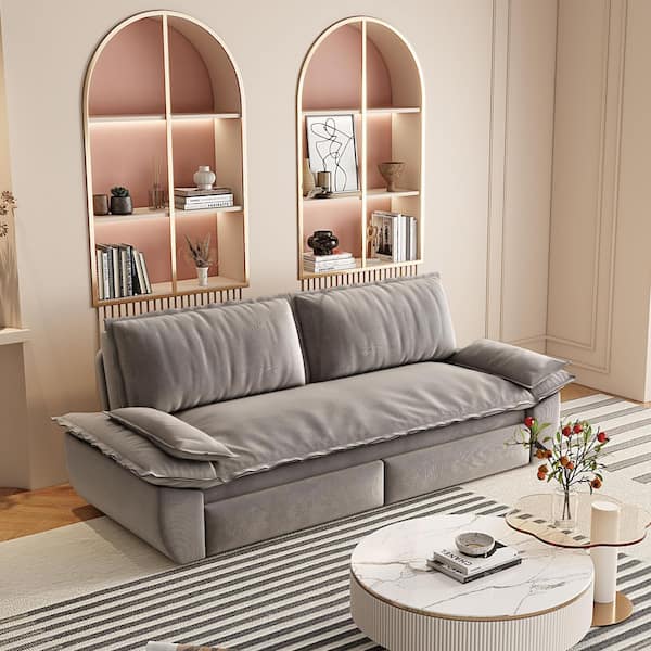 SBAN 73 in. Fog Grey Velvet 2-Seat Convertible Queen Size Sofa Bed with Adjustable Sleeper Back and Cushions