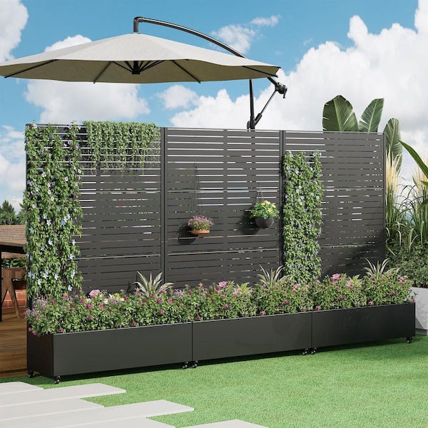Lirago 71 in. x 47 in. Black Outdoor Metal Privacy Screen Planter