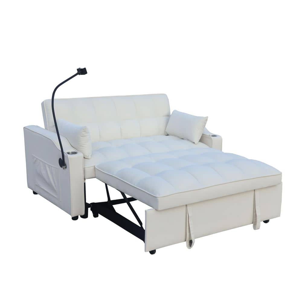 70.2 in. Beige Velvet Full Size 3-in-1 Convertible Loveseat Sofa Bed in with USB Ports, 3-Level Backrest