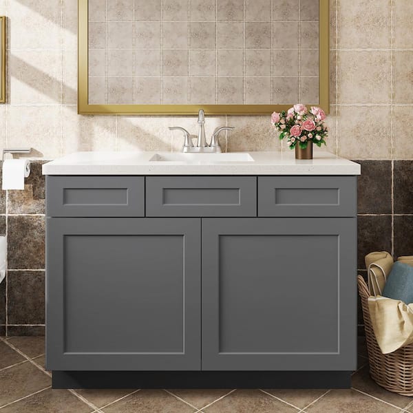 48 in. W x 21 in. D x 34.5 in. H in Shaker Grey Plywood Ready to Assemble Floor Vanity Sink Base Kitchen Cabinet