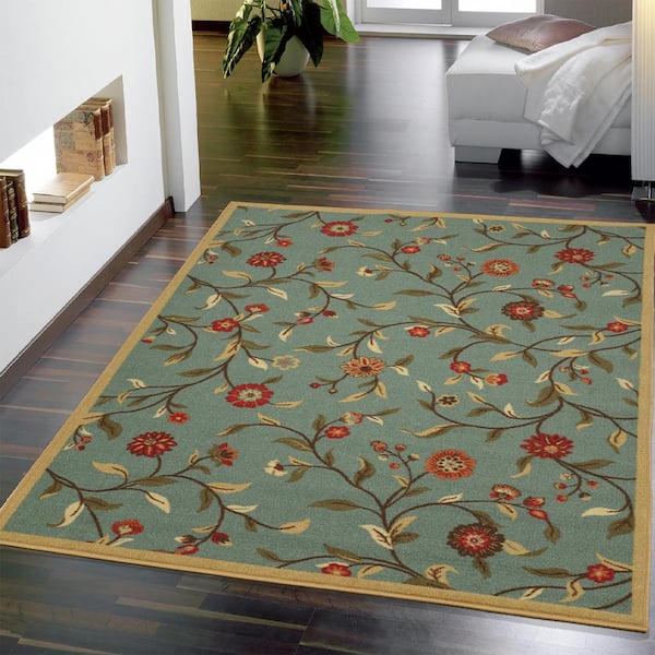 Ottomanson Ottohome Collection Floral Garden Design Modern Area Rug, Non-Skid Rubber Backing, Sage Green, 5'0 x 6'6