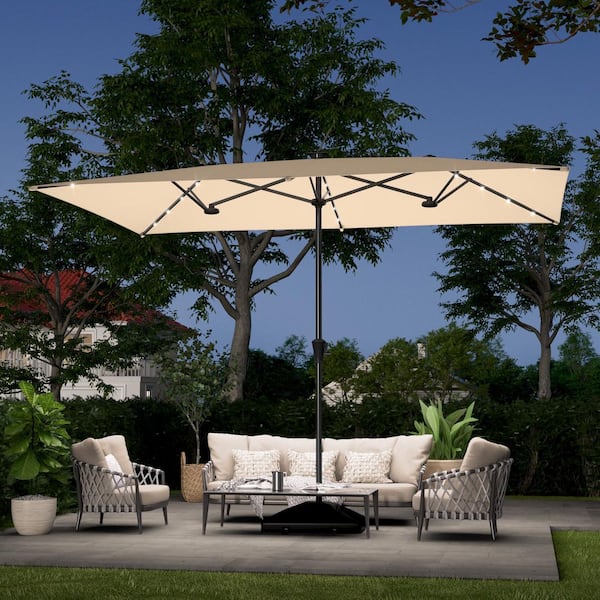 JOYESERY 11 x 7 ft. Steel LED Large Double-Sided Rectangular Outdoor Market Patio Umbrella with Crank in Beige
