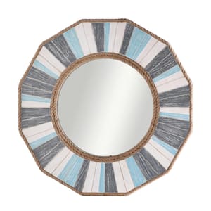 Montauk 32.75 in. x 32.75 in. Coastal Round Framed Gray Cream Blue Wood Decorative Mirror