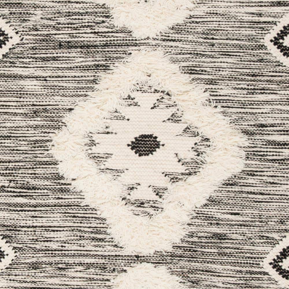 Hand-Knotted Black and Ivory Wool Geometric Area Rug