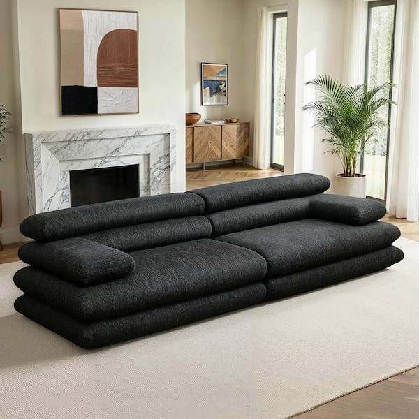 Boneless 118 in. Pillow Top Arm Chenille Rectangle Sofa in Black