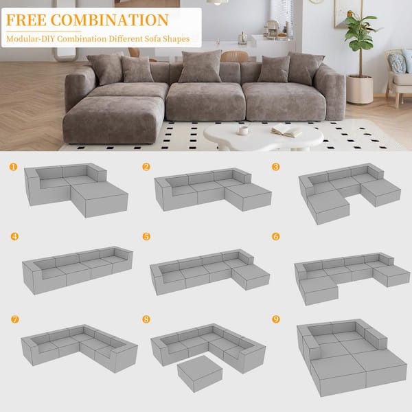 J&E Home 141.7 in Wide Square Arm Corduroy Oversized Modular Sofa
