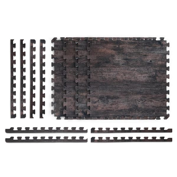 Norsk Reversible Dark Walnut/Black Faux Wood 24 in. x 24 in. x 0.47 in. Foam Mats (4-Pack)