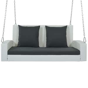2-Person Wicker Hanging Porch Swing, White Rattan Swing Bench with Chains, Gray Cushions & Pillow for Garden, Backyard