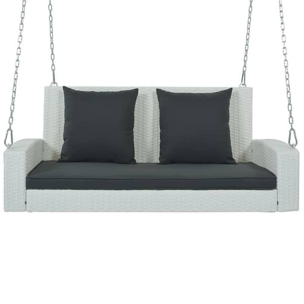 ITOPFOX 2-Person Wicker Hanging Porch Swing, White Rattan Swing Bench with Chains, Gray Cushions & Pillow for Garden, Backyard