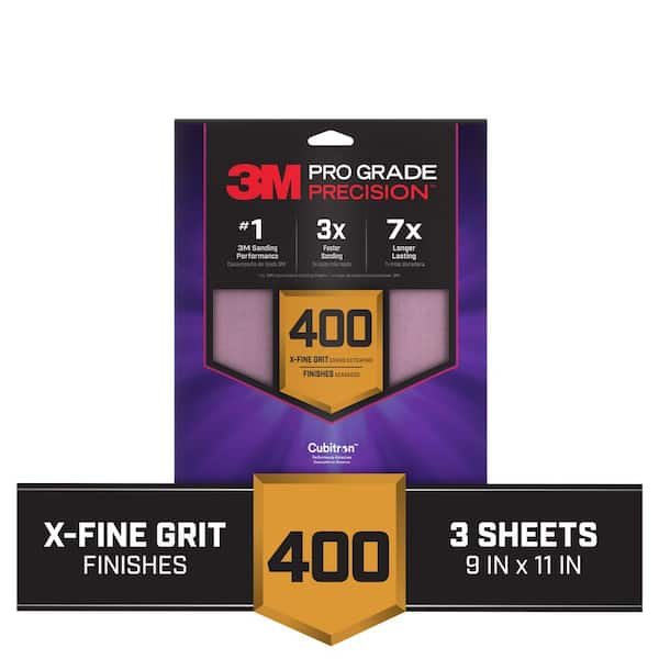 Pro Grade Precision 9 in. x 11 in. 400 Grit Faster Sanding Sheet With No-Slip Grip Backing (3-Pack)