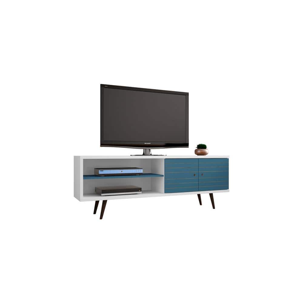Aqua Blue and White Mid-Century Modern 63" TV Stand with Cabinet
