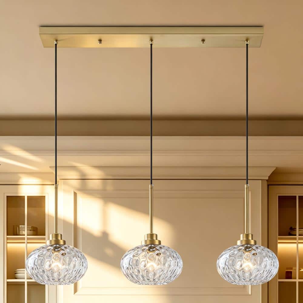 Modern Gold 3-Light Linear Adjustable Kitchen Island Pendant Light with Water Ripple Glass Shades for Dining Room price history on PriceWatchPro
