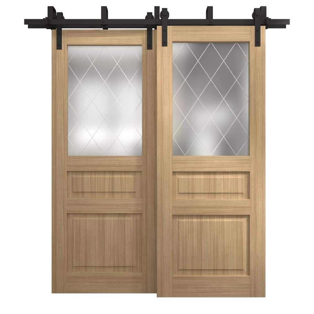 48 in. x 84 in. Frosted Glass Natural Oak Solid Wood Bypass Barn Door Slab With Hardware price history on PriceWatchPro