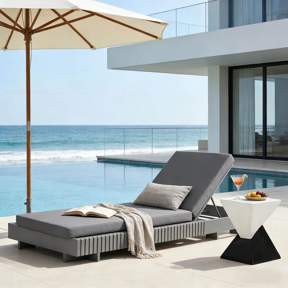 Dark Gray Solid Acacia Wood Outdoor Chaise Lounge with 6-Position Adjustable Backrest and Double Fold Dark Gray Cushion