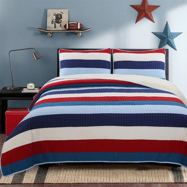 Cozy Line Home Fashions Ressler 2-Piece Navy Red Cotton Striped Twin Quilt Set