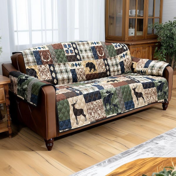 Rustica Green and Blue Polyester 1-Piece Oversized Sofa Furniture Slipcover
