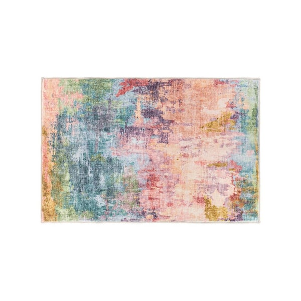 Contemporary Distressed Abstract Washable Non Slip Multi 2 ft. x 4 ft. Area Rug
