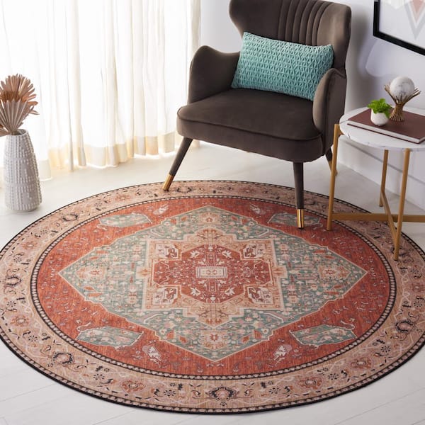 Tucson Aqua/Rust 6 ft. x 6 ft. Machine Washable Floral Border Round Area Rug