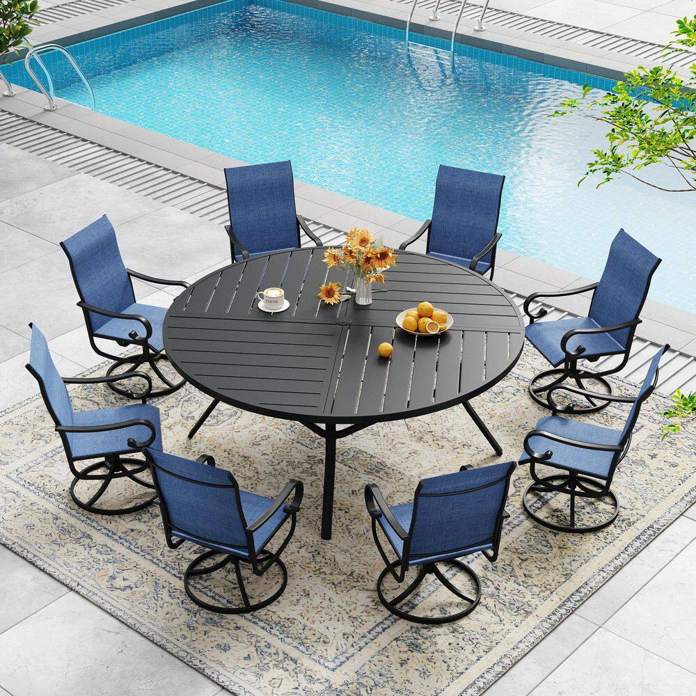 9 Piece Metal Outdoor Patio Dining Set with 59.8 in. Black Round Dining Table and 8 Blue Textilene Swivel Chairs price history on PriceWatchPro