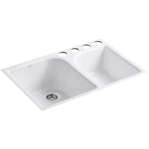 Executive Chef Undermount Cast Iron 33 in. 4-Hole Double Bowl Kitchen Sink in White