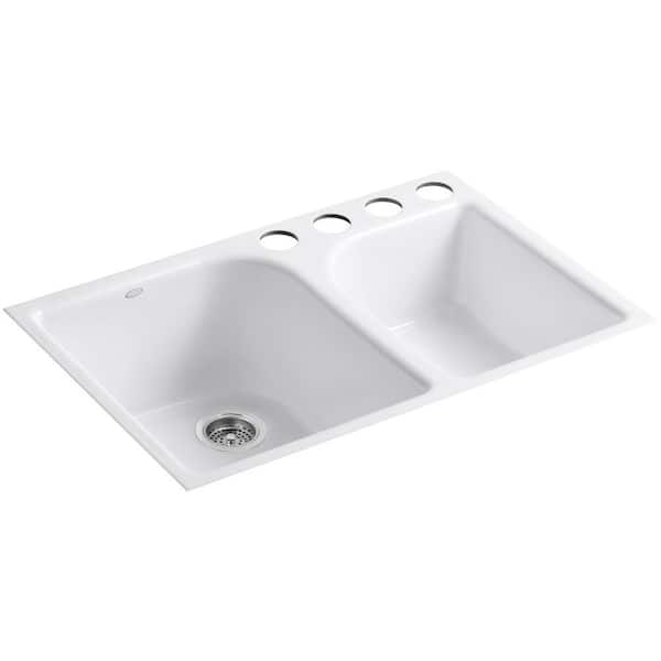 KOHLER Executive Chef Undermount Cast Iron 33 in. 4-Hole Double Bowl Kitchen Sink in White
