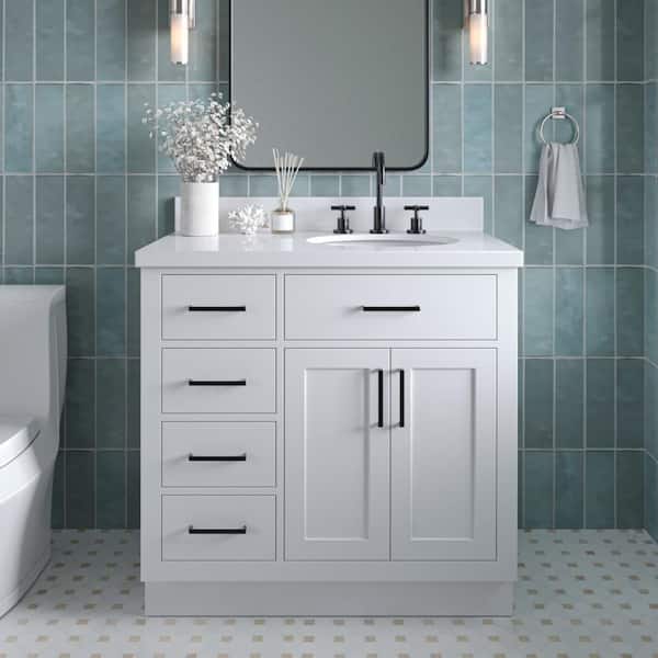 ARIEL Hepburn 37 in. W x 22 in. D x 36 in. H Bath Vanity in White with White Pure Quartz Vanity Top with White Basin