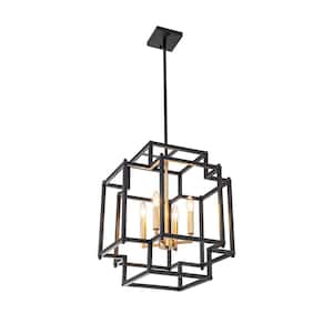 Cubuu 4-Light Modern Farmhouse Black and Aged Brass Cage Lantern, Candle Lantern, Rectangle, Square Chandelier