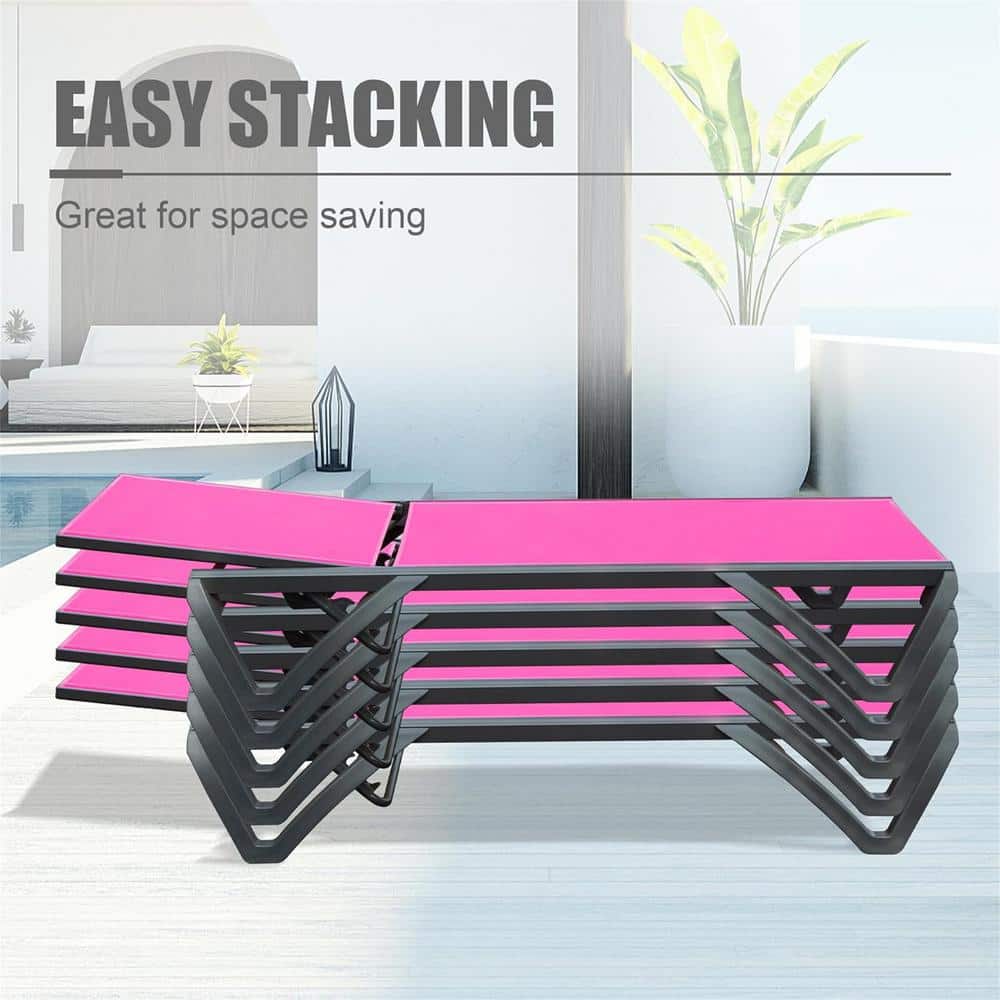 Pink Aluminum Armless Chaise Lounge Set with Rose Red Seat