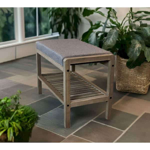 Gray Solid Wood Bamboo Padded Entryway Bench