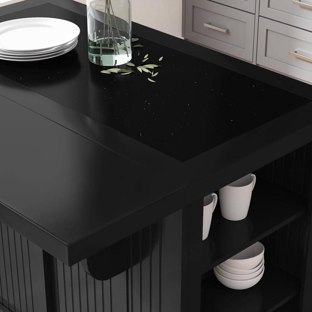 Nantucket 48" Distressed Black Wood Kitchen Island with Granite Top