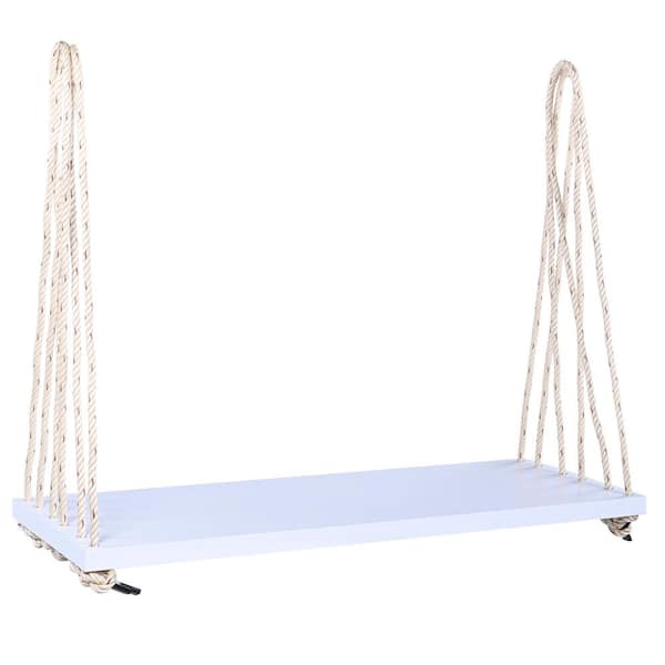 23.6 in. W 2-Person White Wood Porch Swing with Ropes and Gray Cushions