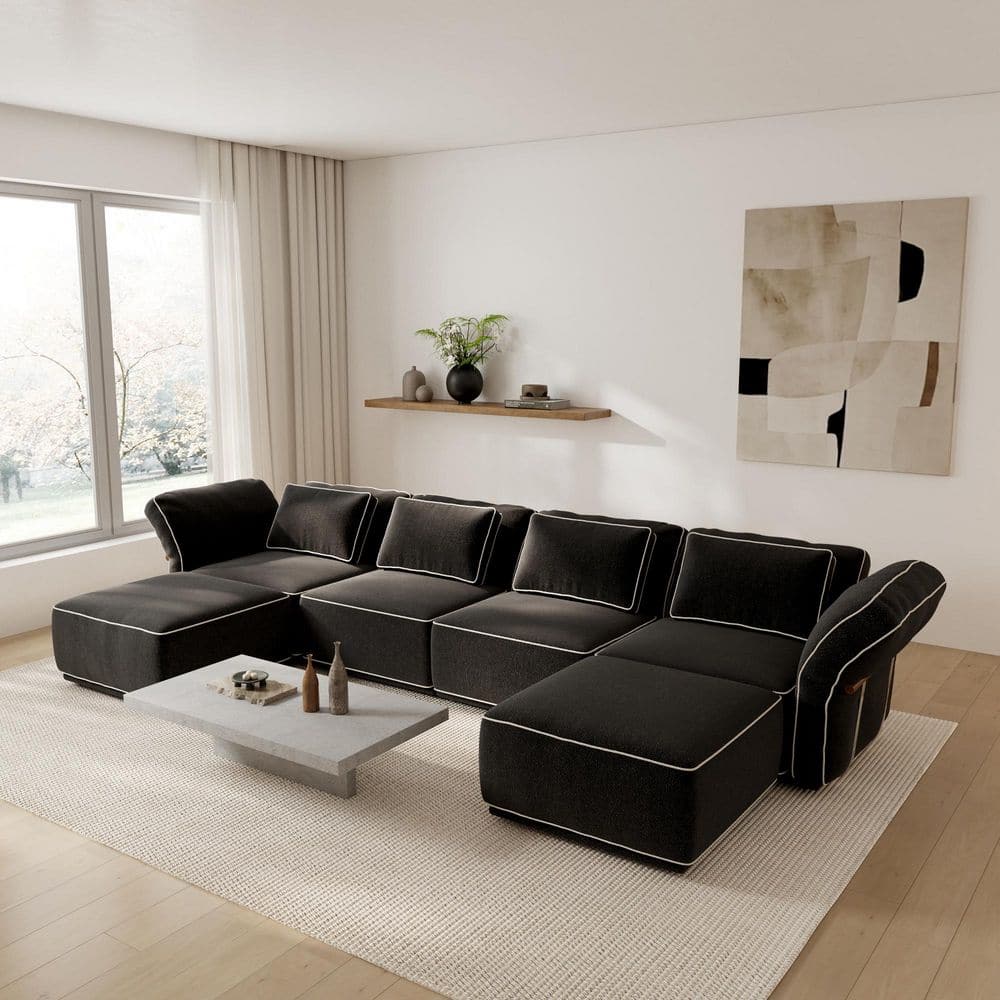162.22 in. Flared Arm 6-Piece Boucle Fabric Modular Sectional Sofa Removable Covers in Black with Ottomans price history on PriceWatchPro