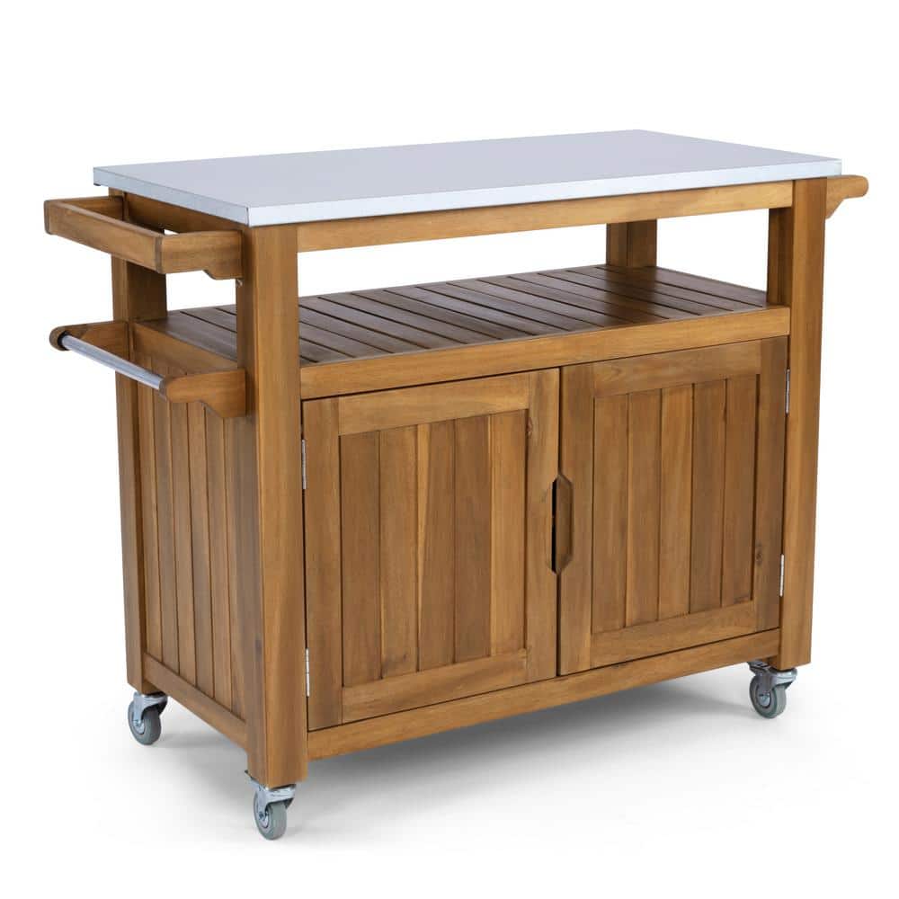 Golden Teak Acacia Wood Kitchen Cart with Spice Rack and Storage